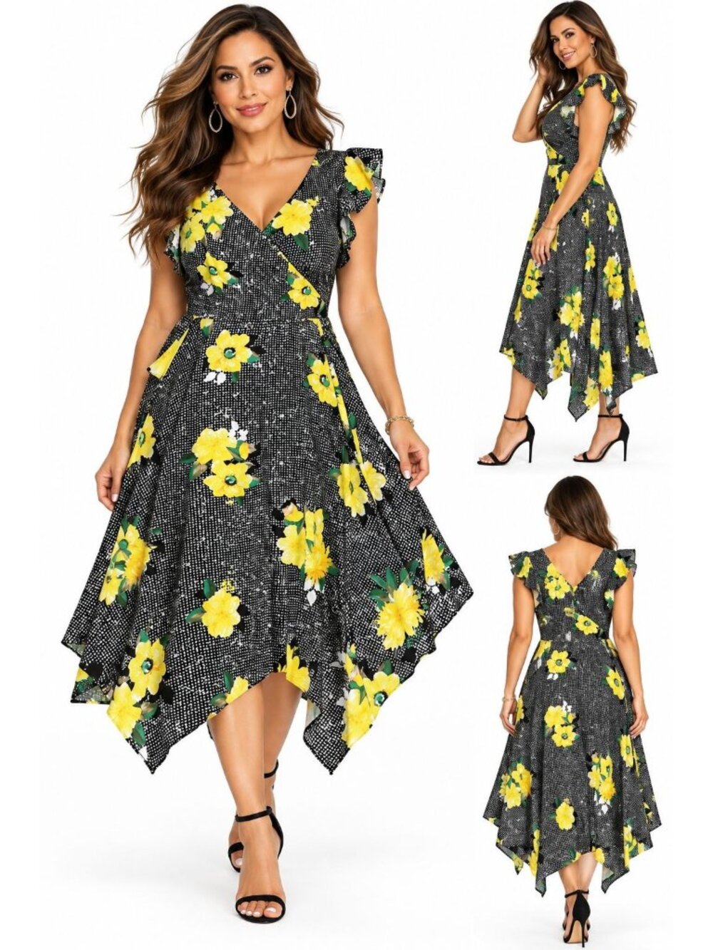 INC Size 16W Yellow Floral Print Cold Shoulder Asymmetrical Hem Dress